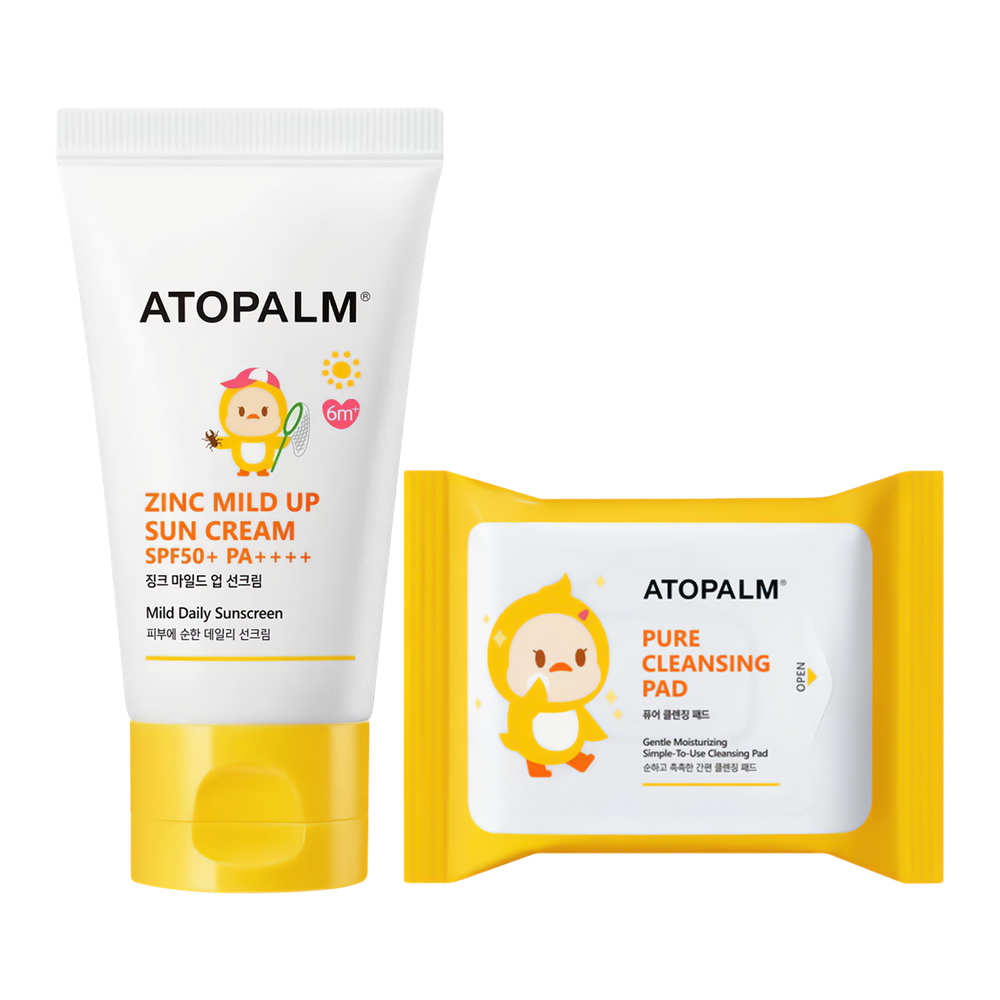 Детский солнцезащитный набор Atopalm Zinc Mild Up Sun Cream SPF50+ PA++++ / Atopalm Pure Cleansing Pad