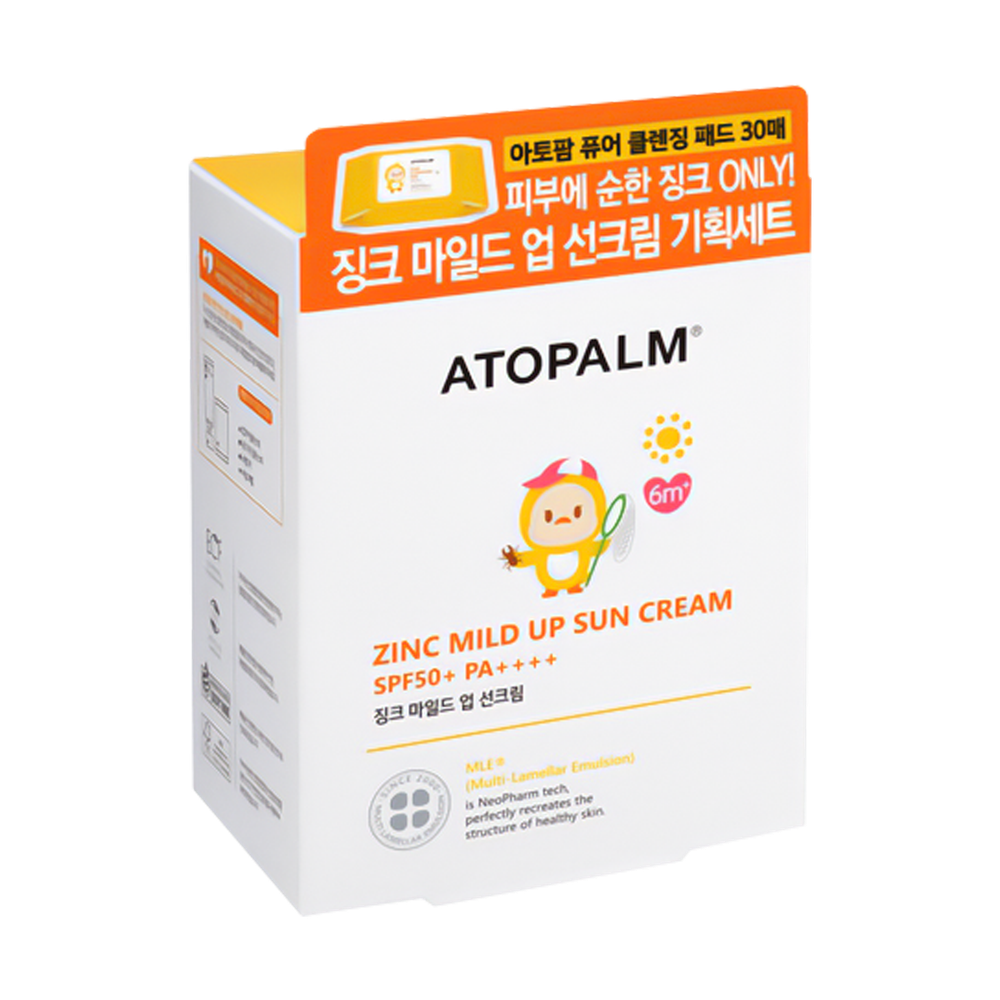 Детский солнцезащитный набор Atopalm Zinc Mild Up Sun Cream SPF50+ PA++++ / Atopalm Pure Cleansing Pad